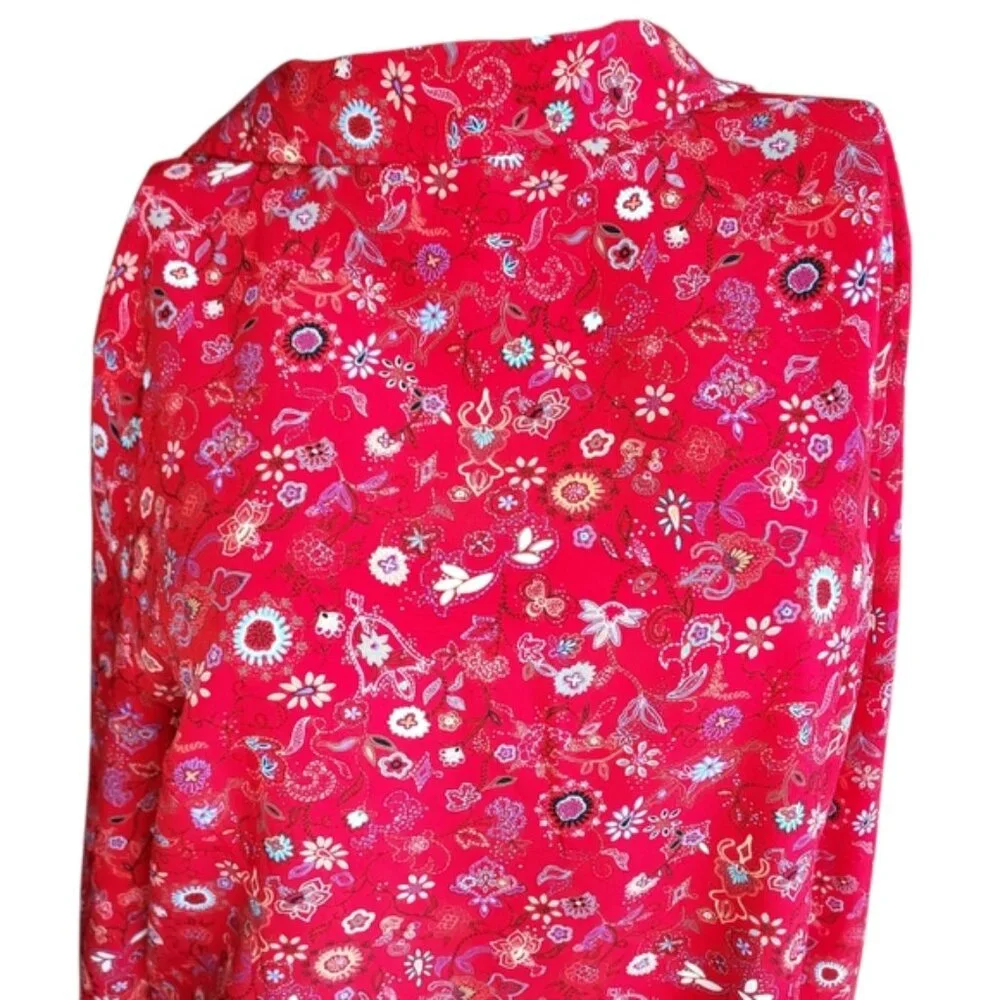 Christopher and Banks Size XL Women's Floral 3/4 Sleeve Red Button Down Top - Picture 14 of 16